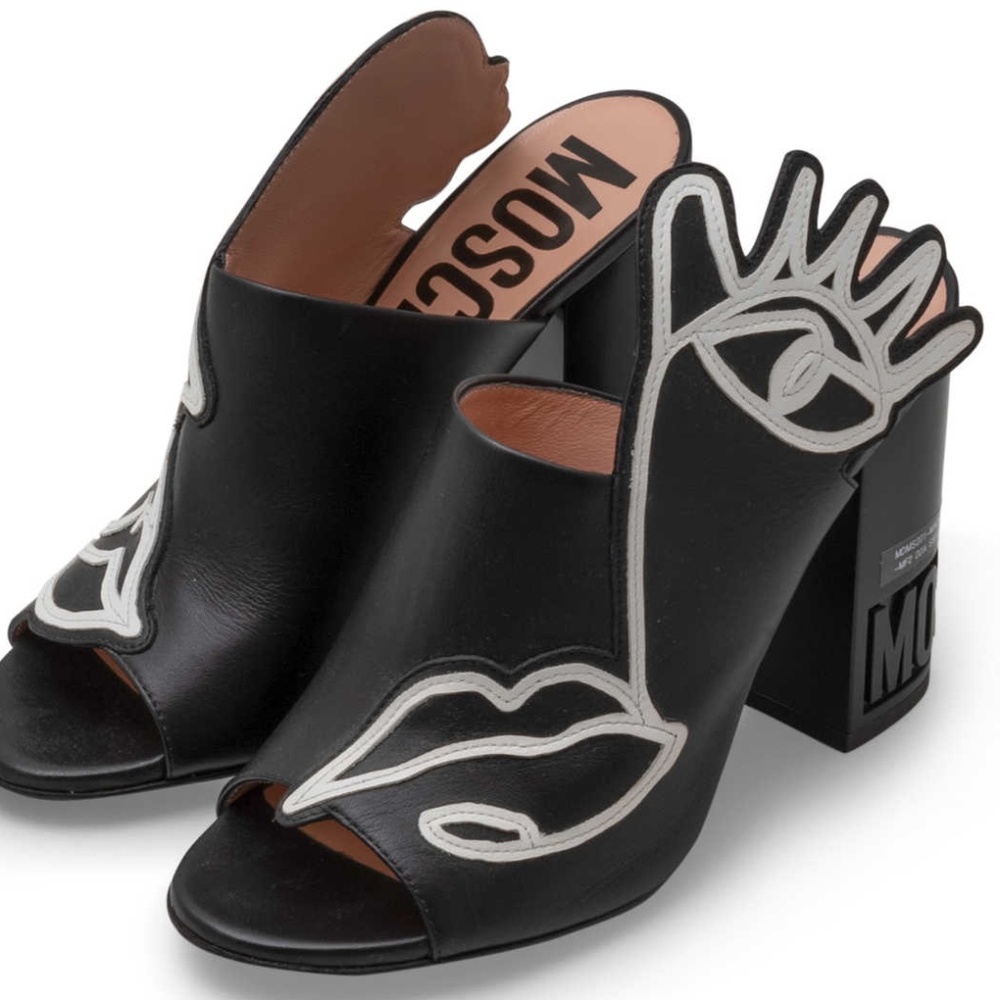 Moschino Black and White Illustration Face Sandal Heels EU 40 | US 10